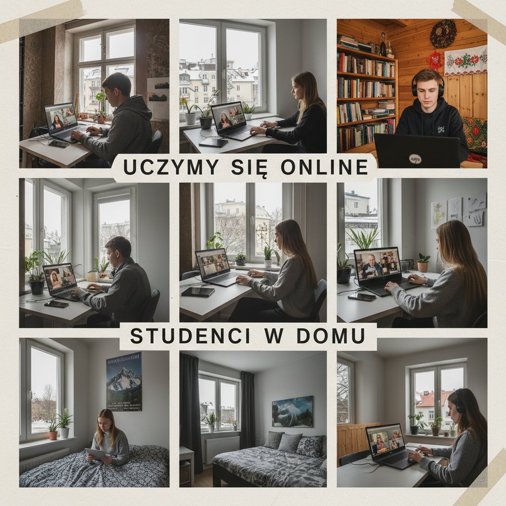 Kolaż trzech polskich uczniów w różnych środowiskach domowych podczas nauki online