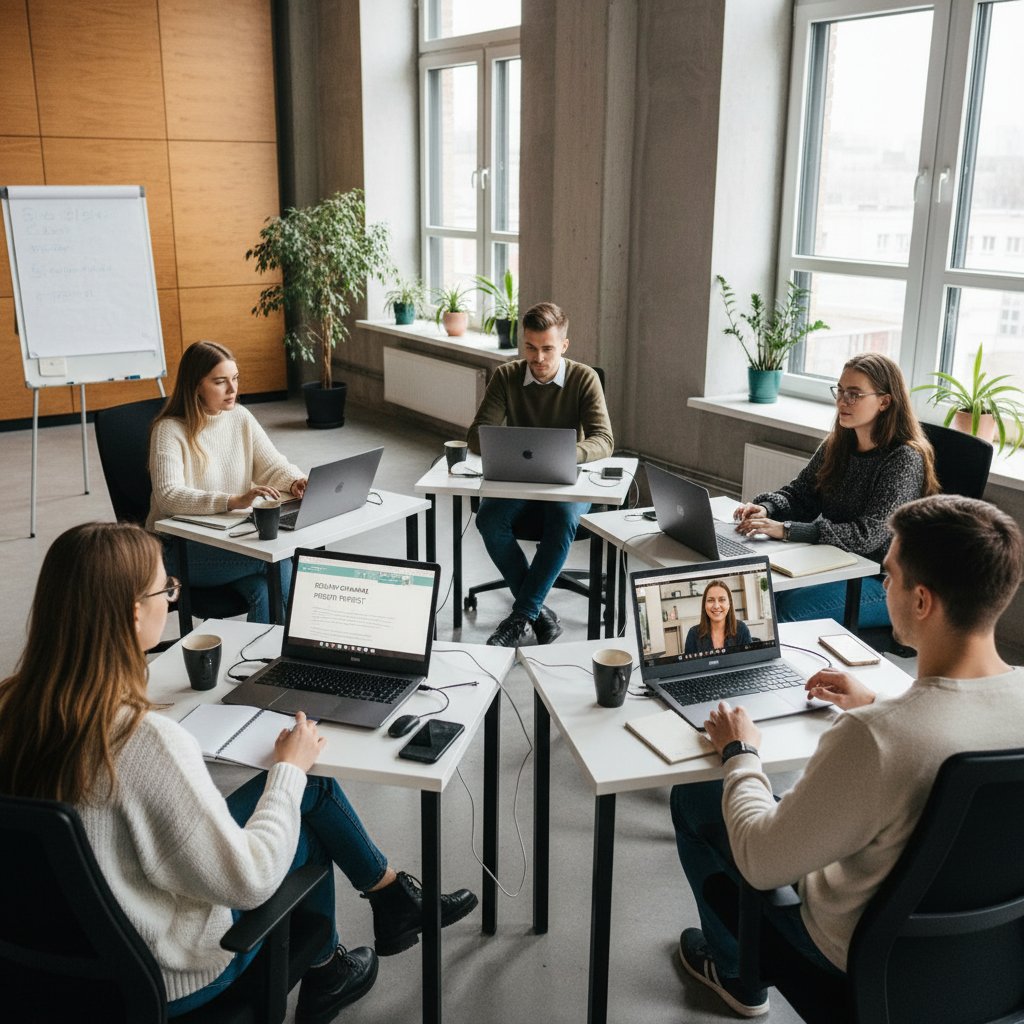 Statystyczny wykres z młodymi dorosłymi uczestniczącymi w lekcji angielskiego online, laptop i notatki na stole, nowoczesne wnętrze