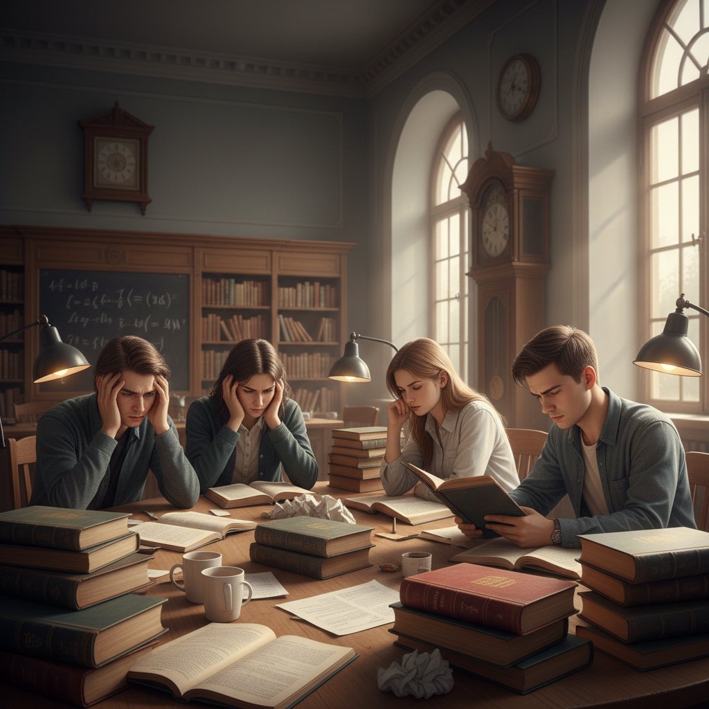 Uczniowie podczas egzaminu, zestresowani, w otoczeniu starych podręczników