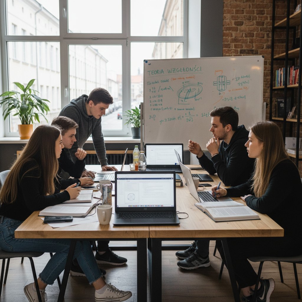 Zdjęcie grupy młodzieży uczącej się razem online fizyki, z ekranami laptopów i notatkami