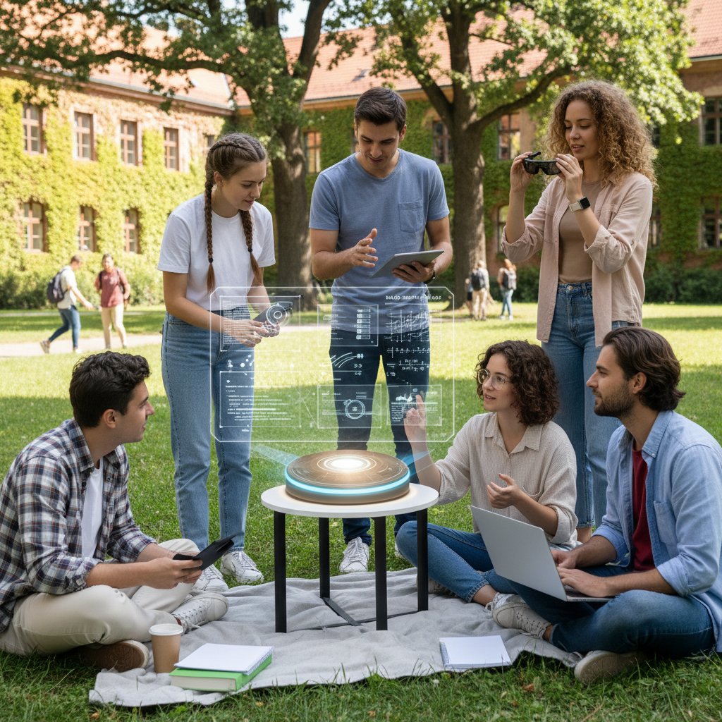 Grupa uczniów współpracująca przy jednym komputerze, AI jako wsparcie interakcji