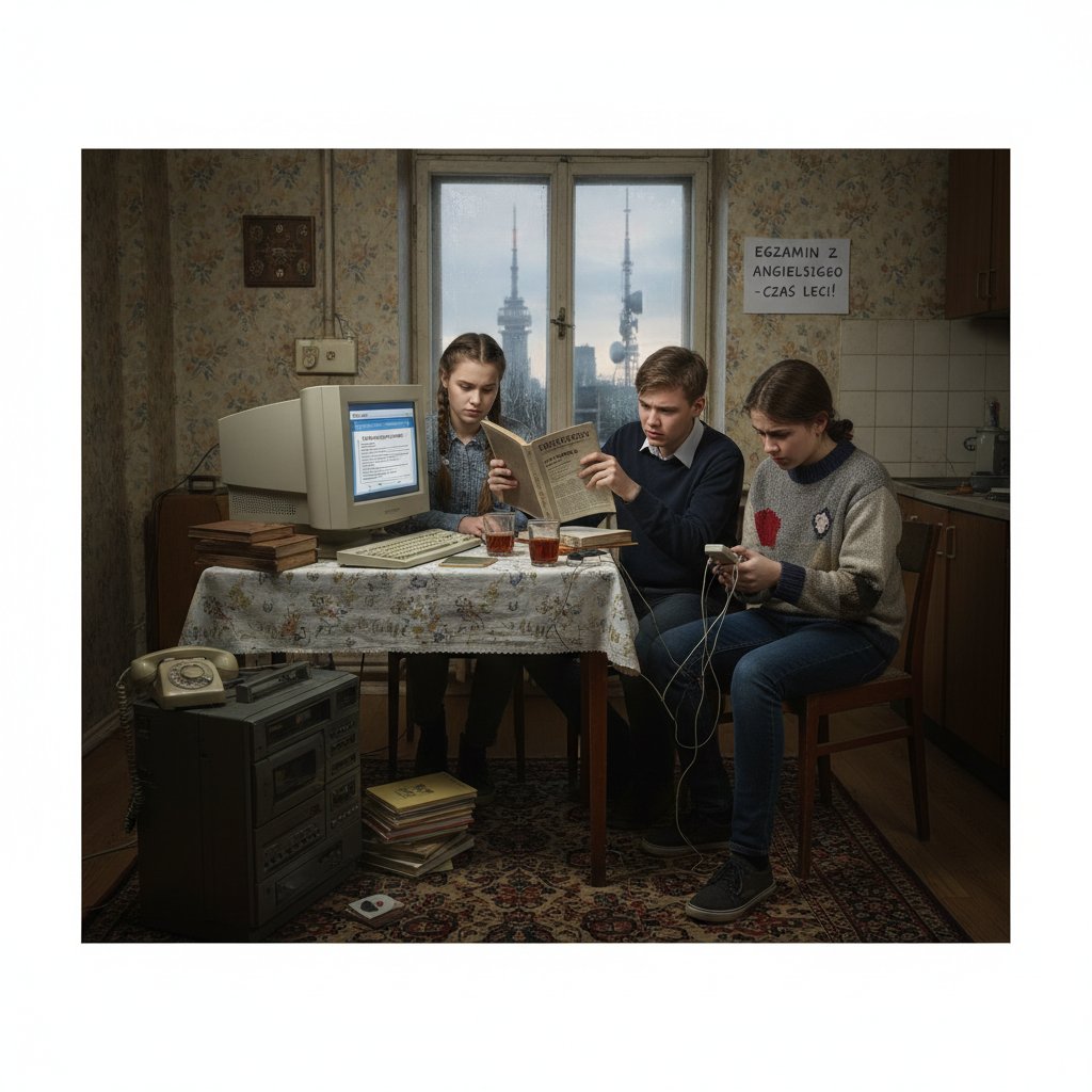 Grupa uczniów w domu, jedni z nowoczesnym sprzętem, inni z telefonami, ukazujący nierówności cyfrowe