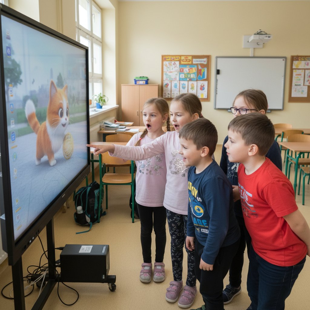 Uczniowie testują wirtualnego kotka w szkole