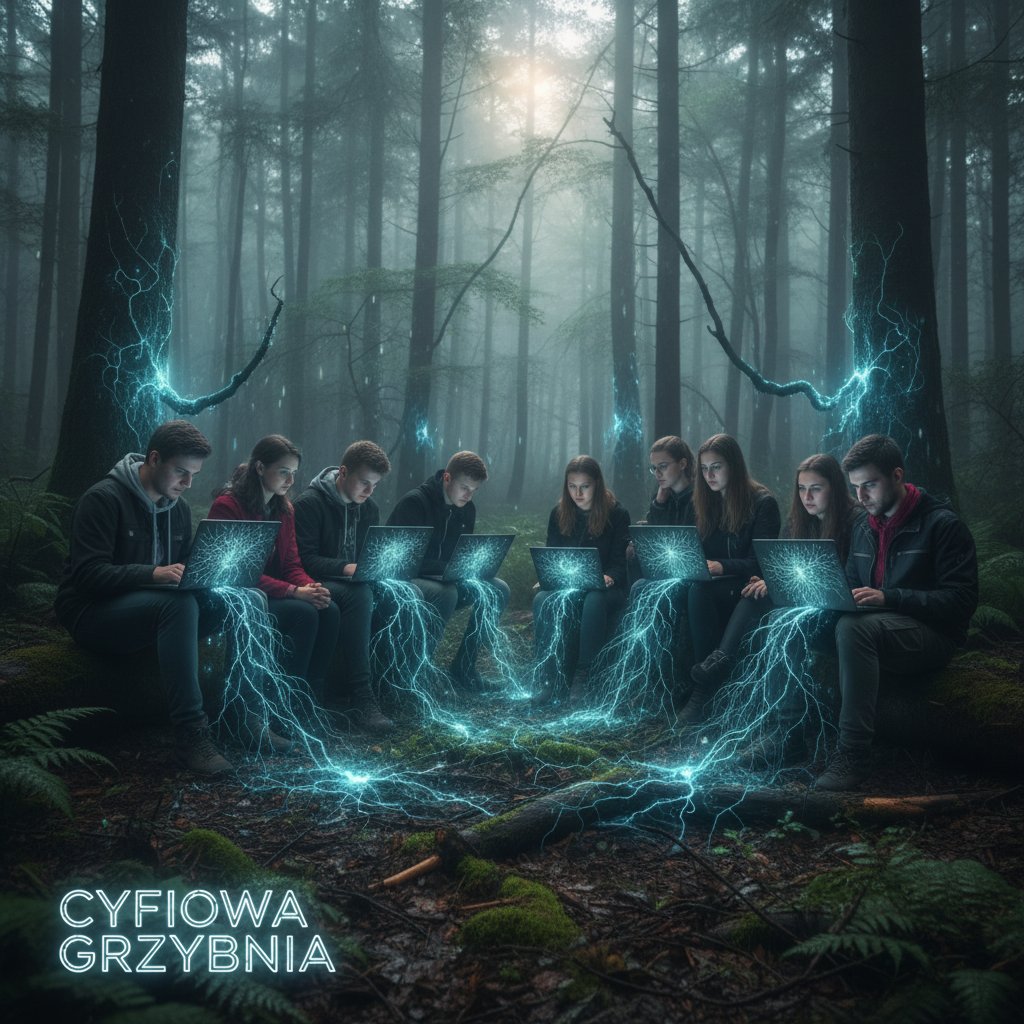 Polscy uczniowie z komputerami wśród leśnych grzybów, nauka biologii grzybów online, nowoczesna edukacja