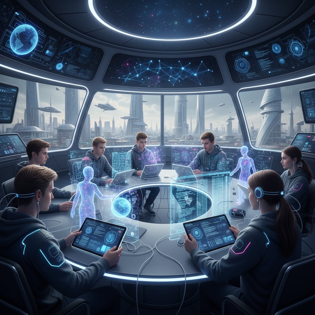 Polscy uczniowie uczący się z AI na tabletach – scena futurystyczna, 16:9