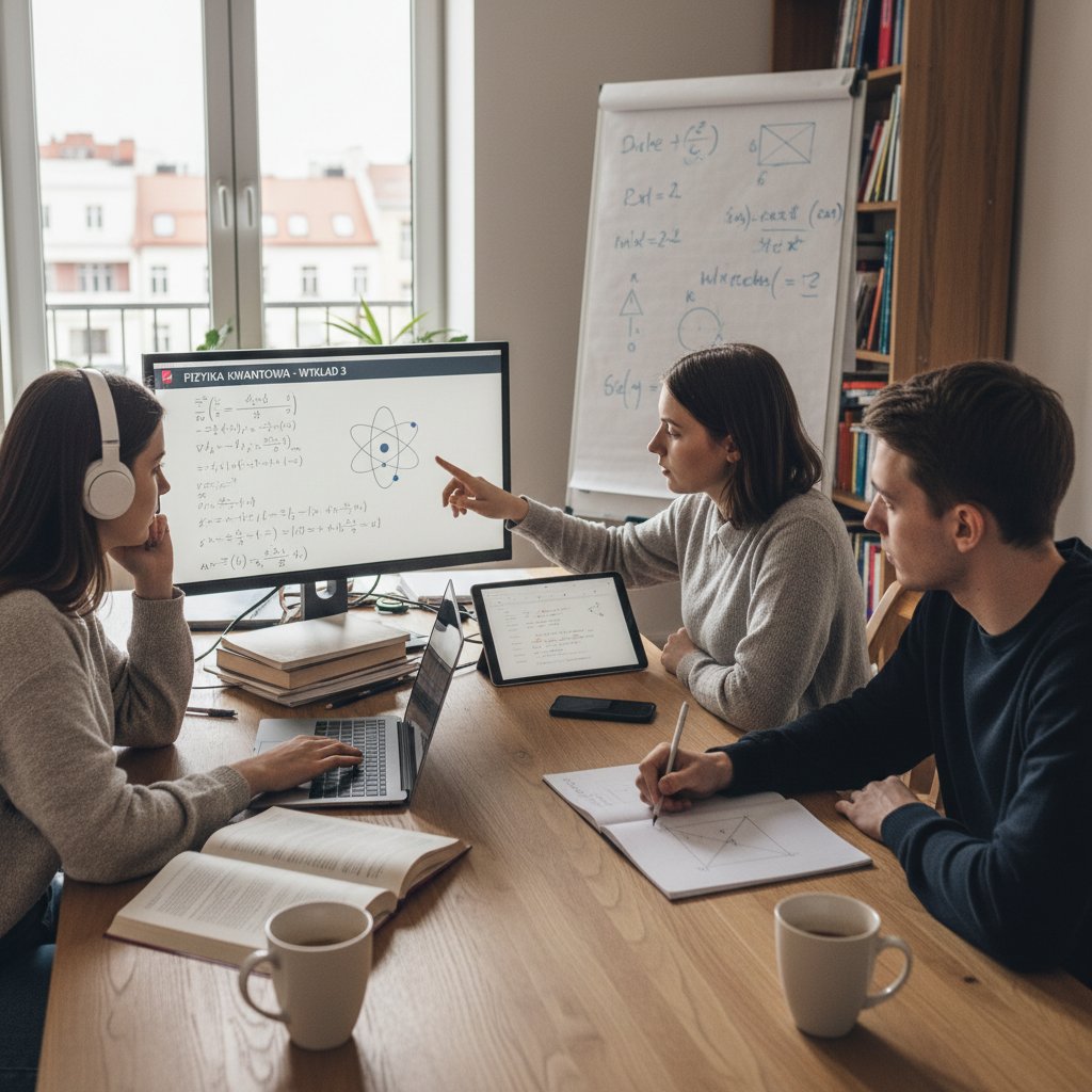 Młodzi Polacy uczący się fizyki cząstek online przez laptopy i tablety w domowych warunkach