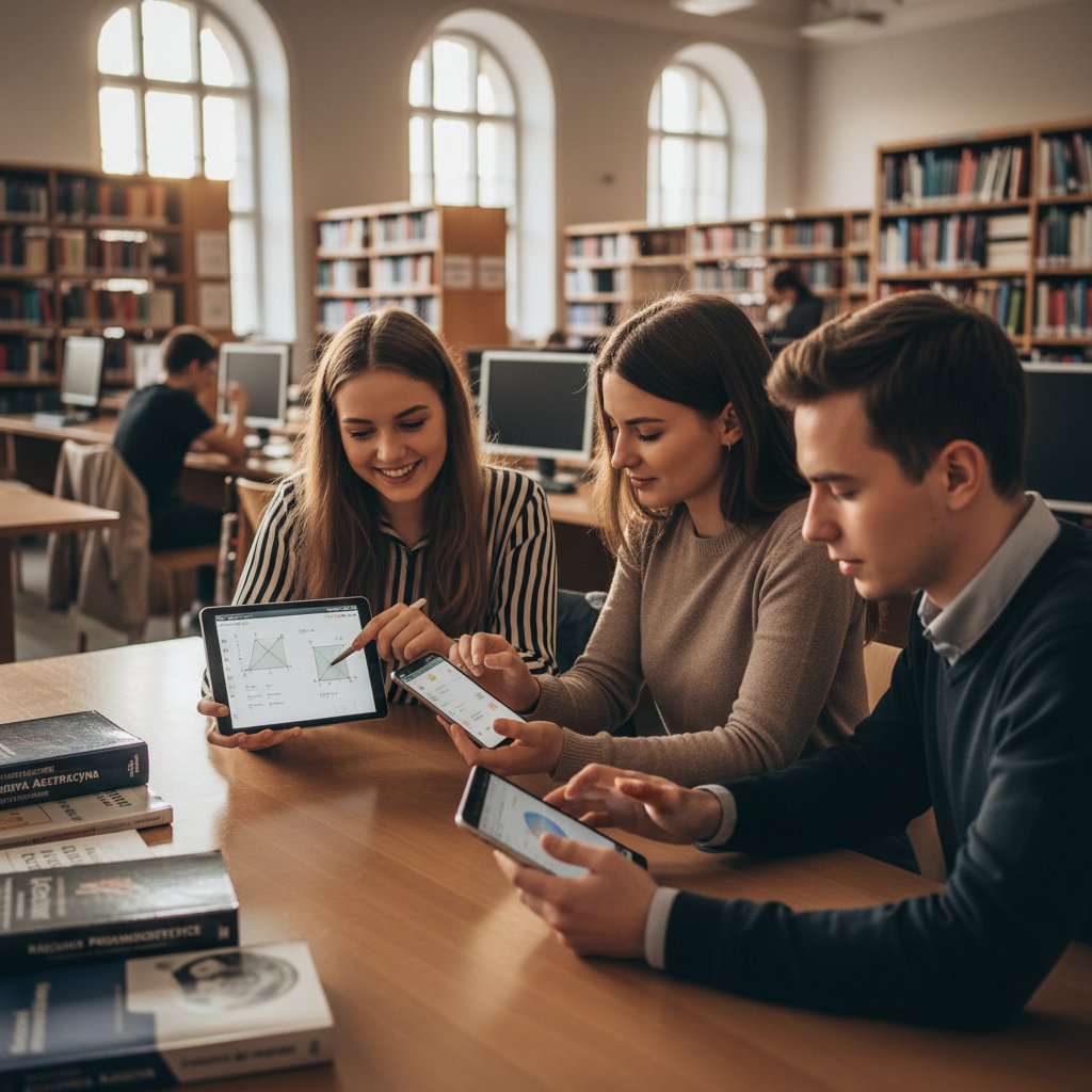 Młodzież w bibliotece, każde z inną aplikacją matematyczną na urządzeniu mobilnym