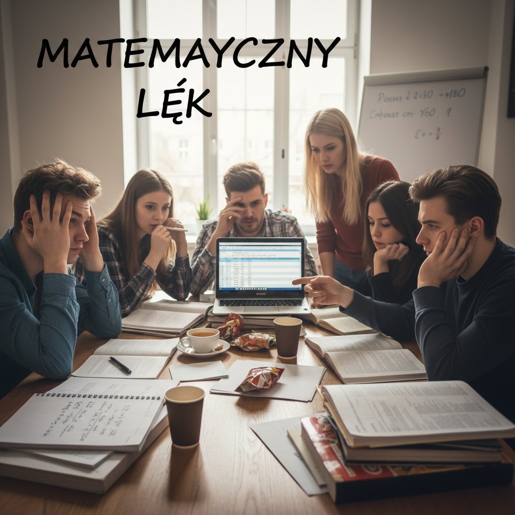 Grupa uczniów siedzących przy biurkach pełnych notatek, telefonów i laptopów – atmosfera napięcia i zmęczenia