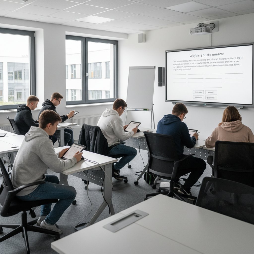 Uczniowie korzystający z ćwiczeń wypełniania luk online w nowoczesnej klasie