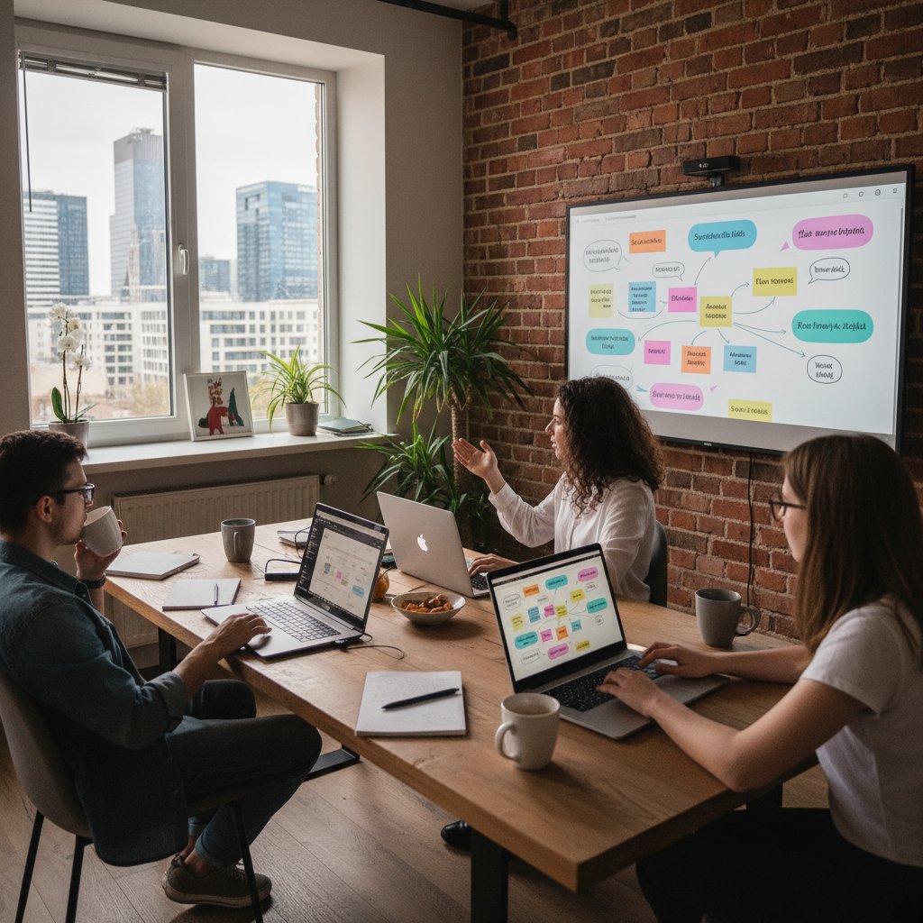 Uczniowie podczas zdalnej burzy mózgów, tablica cyfrowa i laptopy, burza mózgów online korepetycje