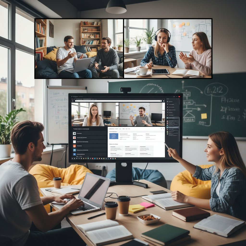 Uczniowie współpracujący online przy projekcie społecznym, korzystający z nowoczesnych urządzeń