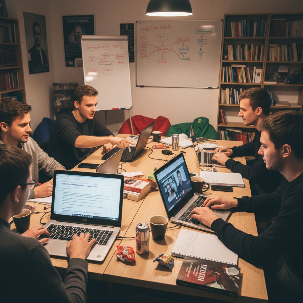 Kilku uczniów dyskutujących online na forum maturalnym, atmosfera współpracy