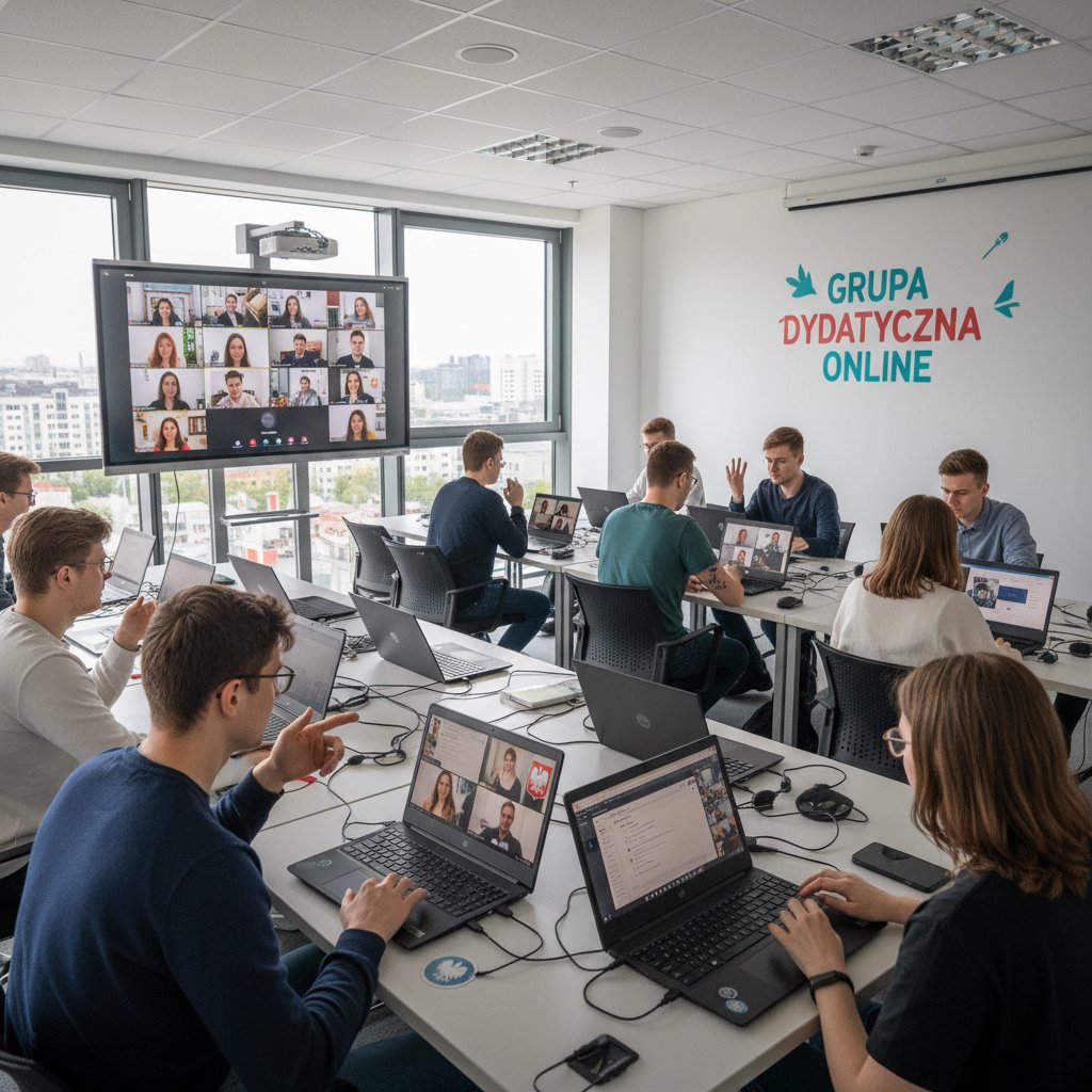 Polscy uczniowie podczas grupowych korepetycji online w domowym otoczeniu, laptopy, ekrany, skupienie