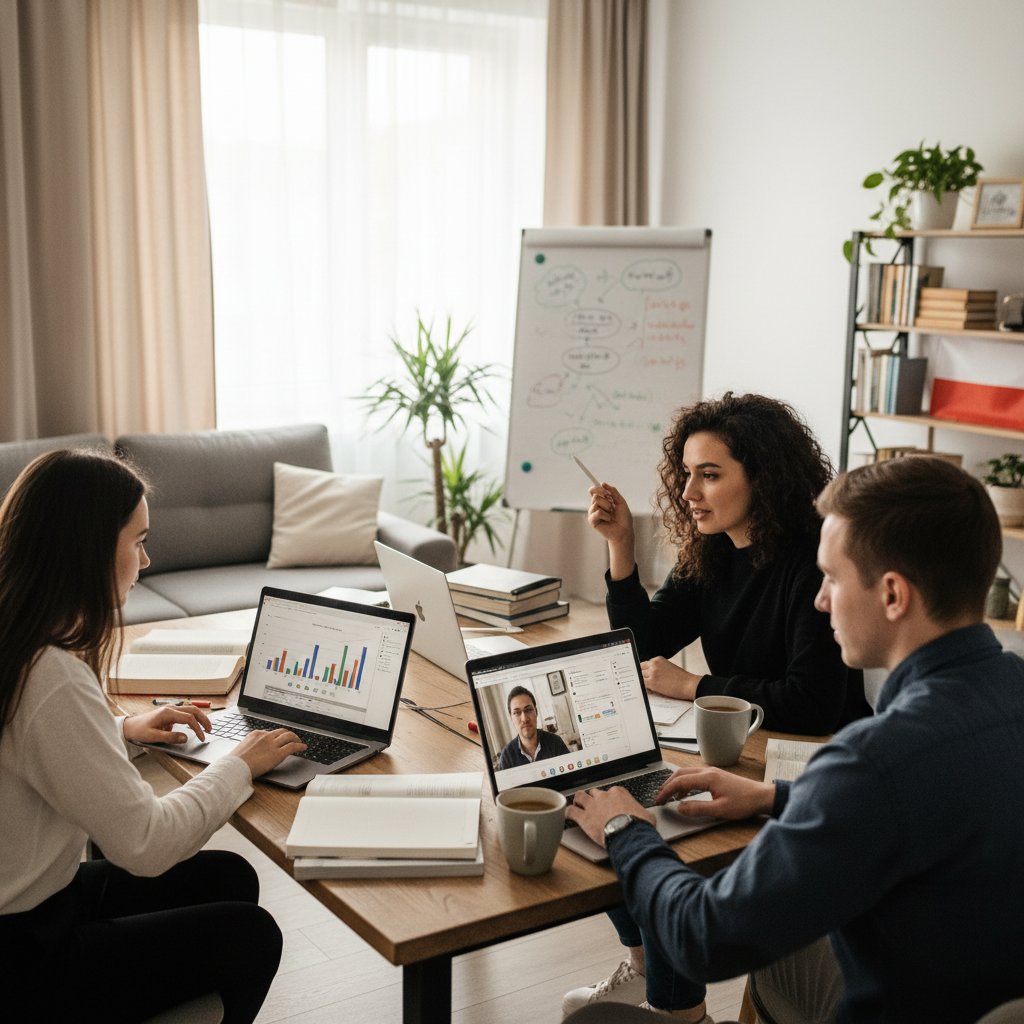 Polscy uczniowie korzystający z laptopów podczas nauki ekonomii online