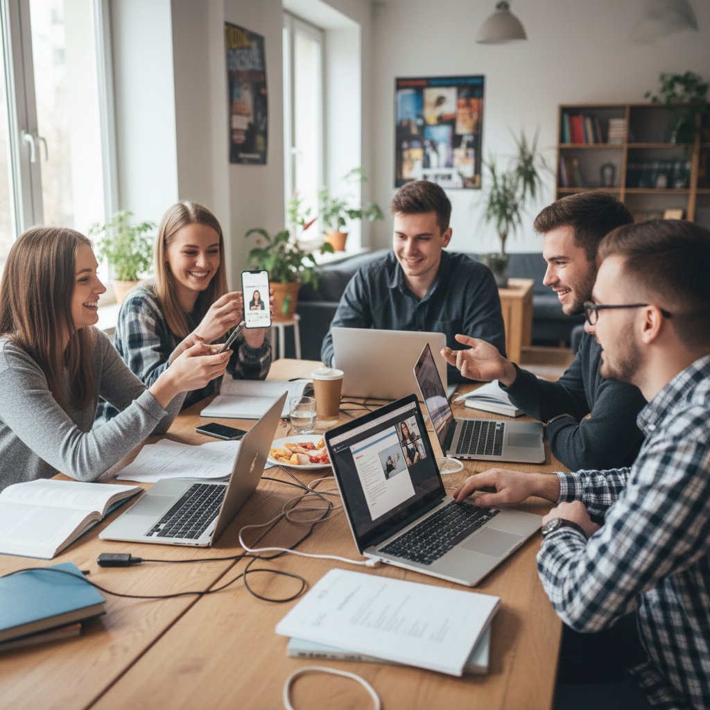 Młodzi ludzie podczas nauki online, telefony, laptopy, notatki, dynamiczna scena grupowej nauki