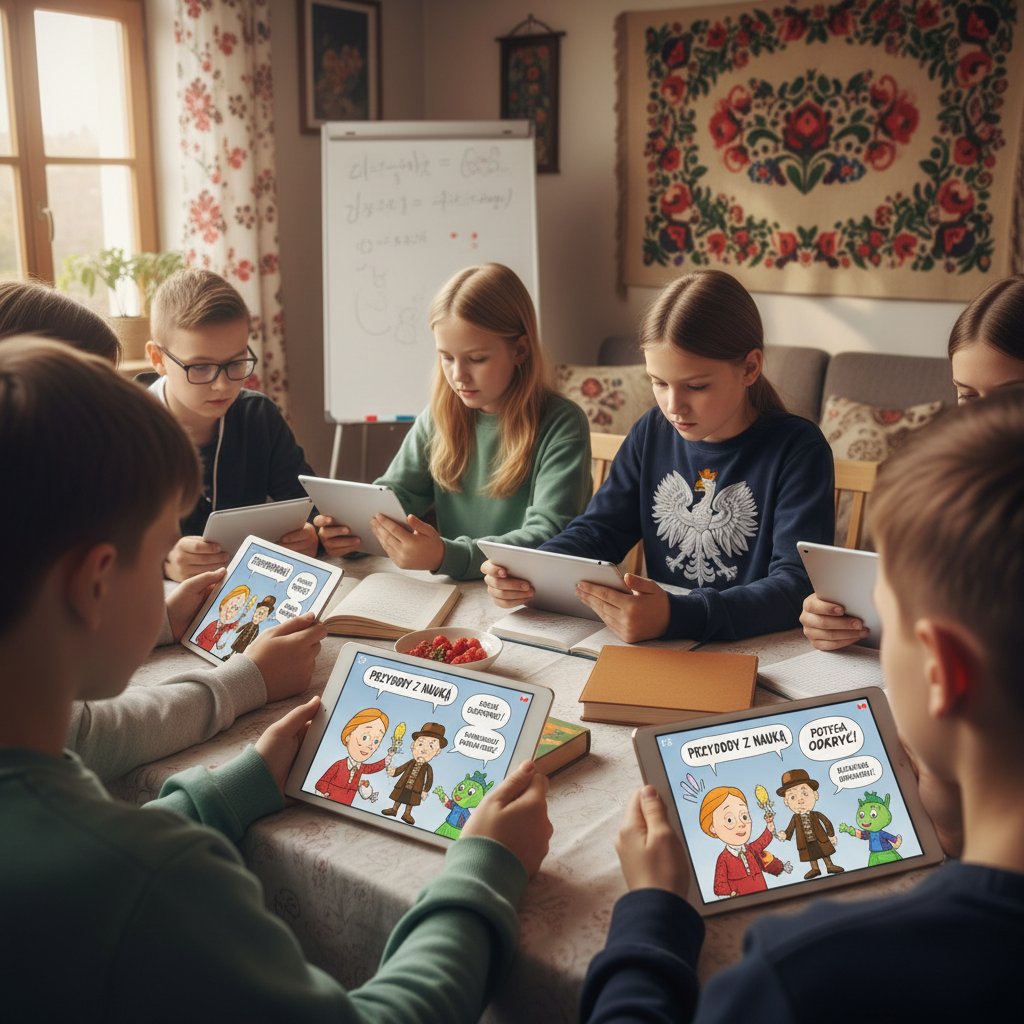 Polscy uczniowie uczący się w domu z tabletem, komiks edukacyjny na ekranie, nowoczesna nauka