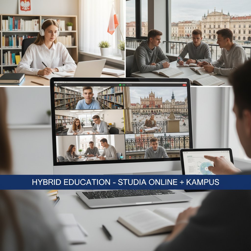 Grupa polskich uczniów uczestniczących w lekcji online z różnych miejsc – dom, kawiarnia, szkoła