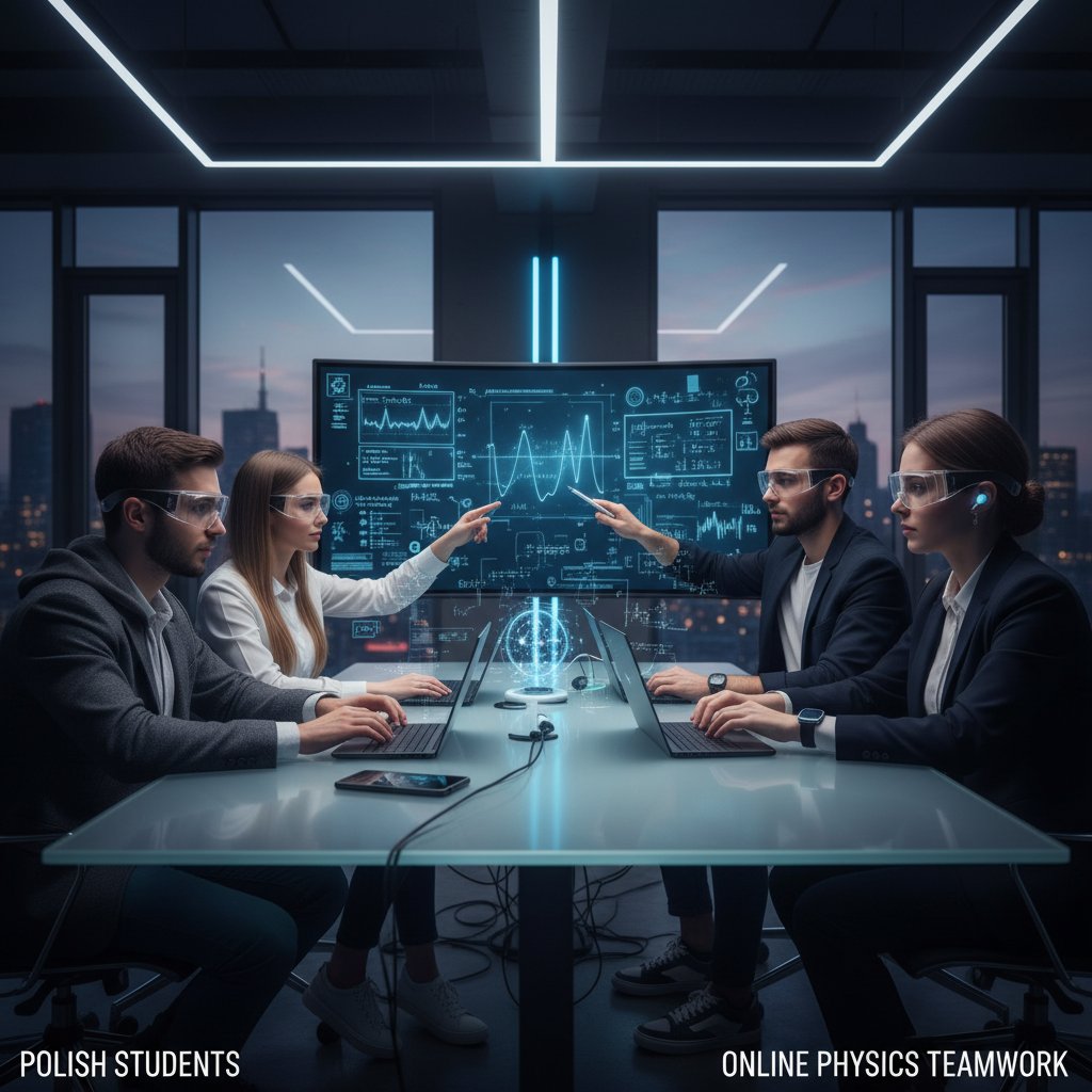 Uczniowie wspólnie rozwiązujący zadania z fizyki online, współpraca i nowoczesna technologia