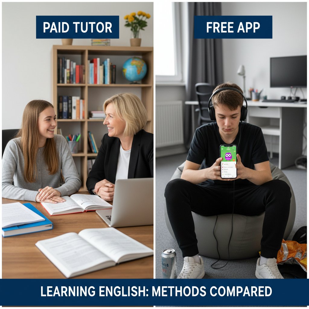 Porównanie ucznia korzystającego z płatnych lekcji i drugiego z darmowych aplikacji