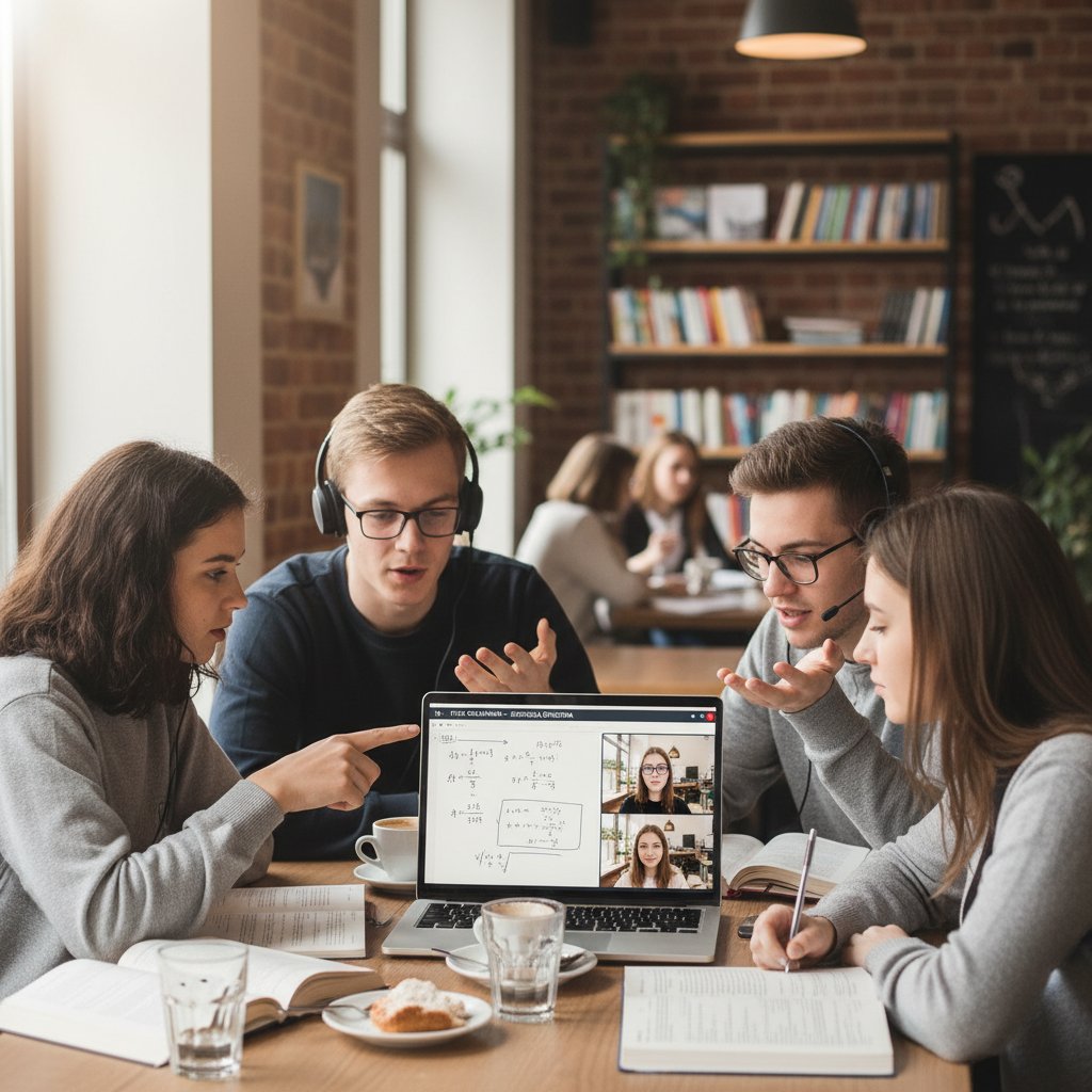 Grupa młodzieży korzystająca z aplikacji do nauki fizyki online w kawiarni, dyskutująca zadania