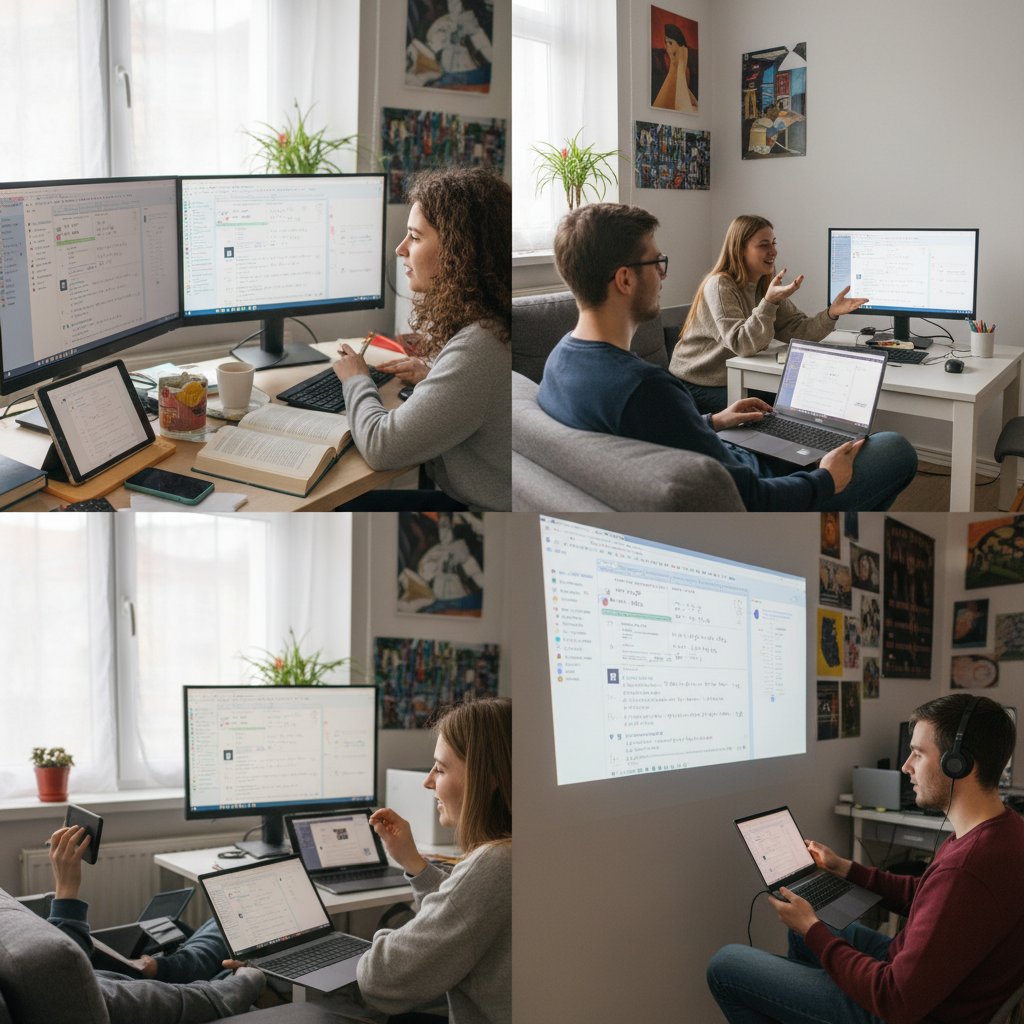 Grupa uczniów uczestniczących w lekcji fizyki online na różnych urządzeniach, w różnych miejscach domu