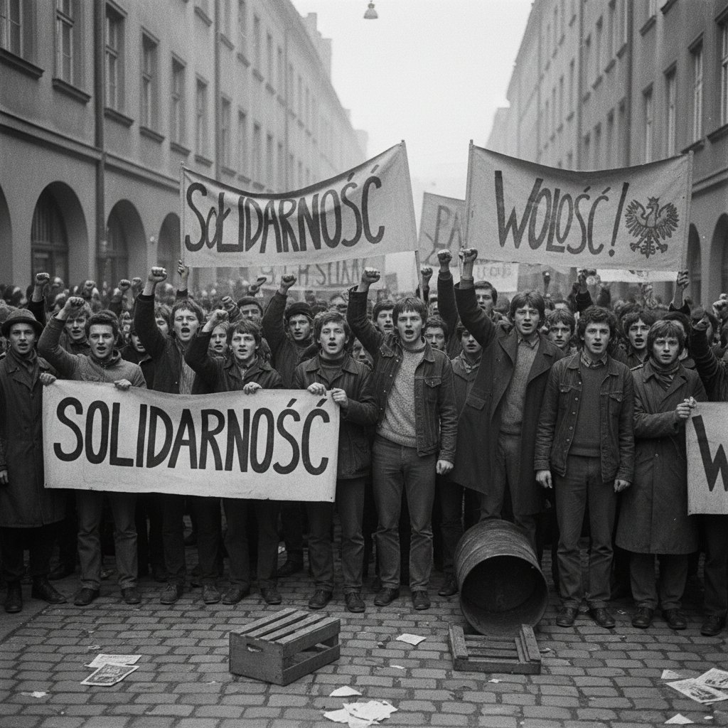 Czarno-białe zdjęcie demonstracji studenckiej z lat 80, symbole buntu pokoleniowego
