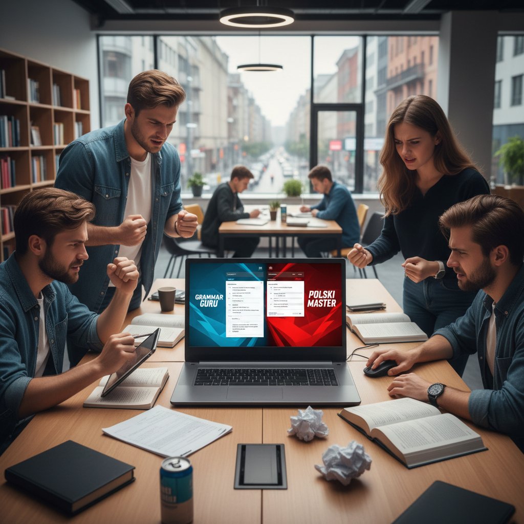 Dwóch polskich uczniów korzysta z konkurencyjnych platform do nauki niemieckiej gramatyki online, napięta atmosfera