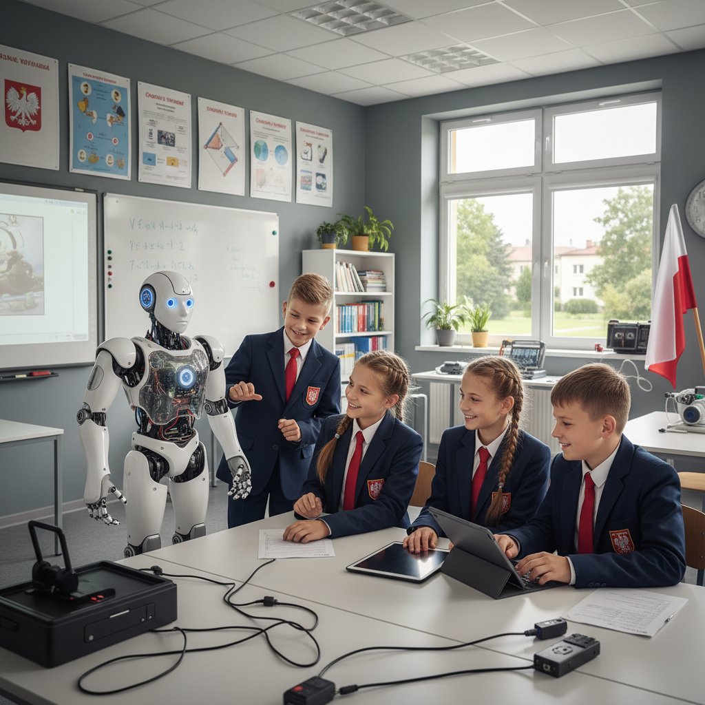 Polscy studenci rozmawiający z humanoidalnym robotem w otoczeniu szkolnym – symbol spotkania AI z edukacją