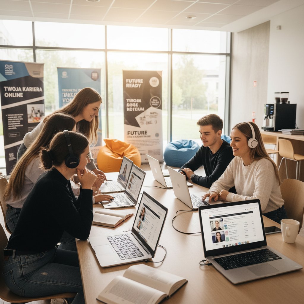 Uczniowie w polskiej szkole z laptopami, korzystający z narzędzi doradztwa kariery online