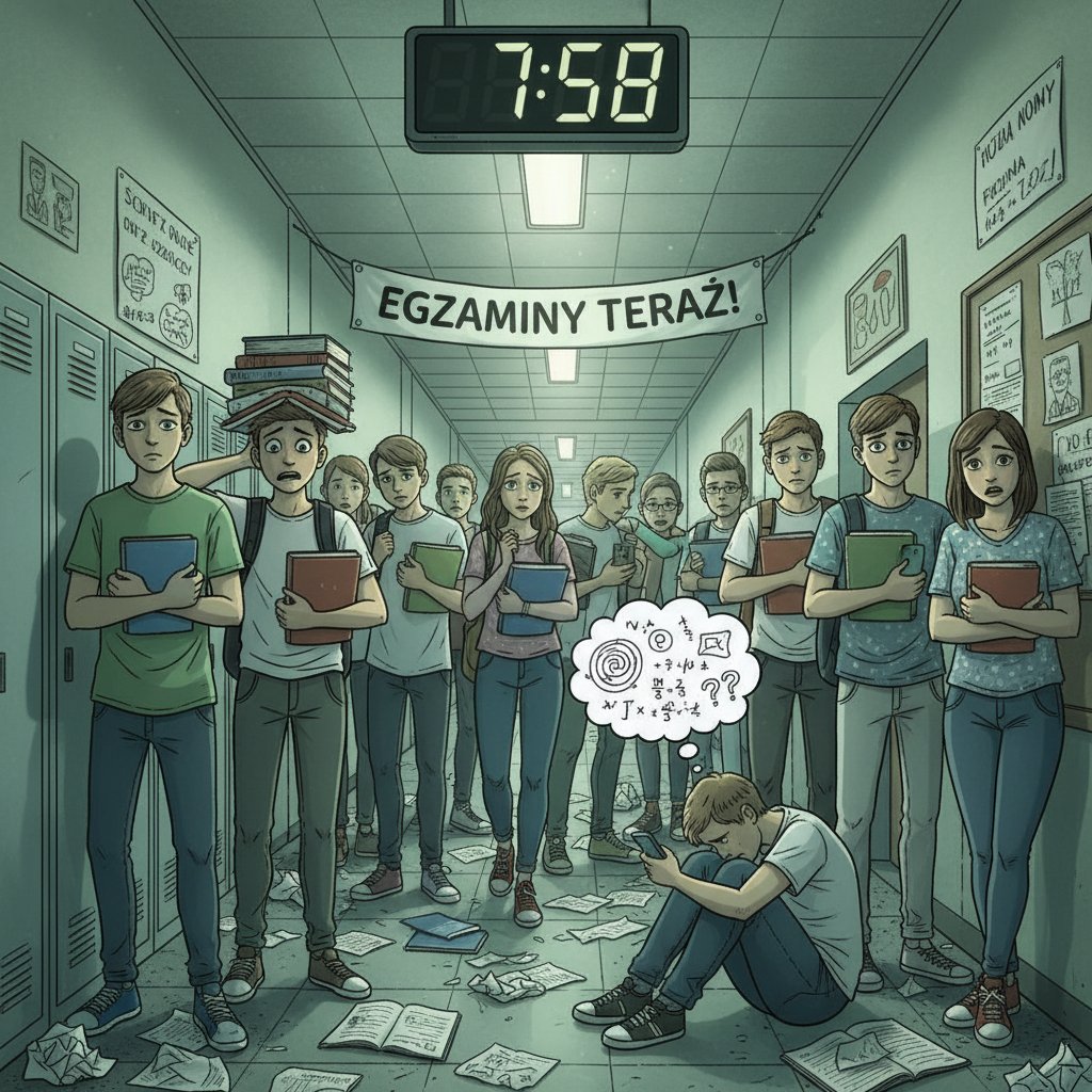 Uczniowie w polskiej szkole w stresującej atmosferze na korytarzu