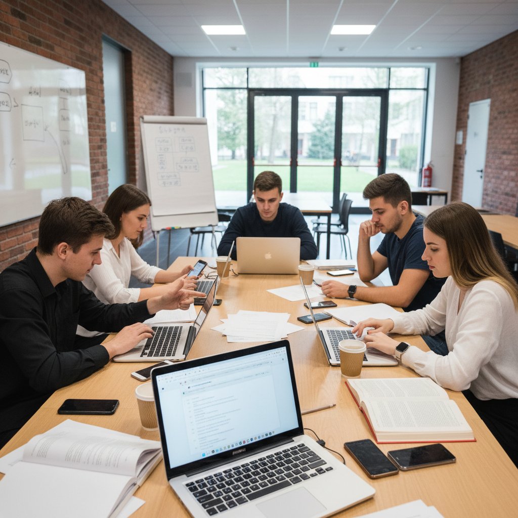 Grupa uczniów korzystająca z laptopów i smartfonów, wymieniająca się materiałami, klimat współpracy