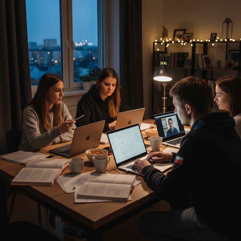 Grupa polskich uczniów rozwiązujących zadania matematyczne online na laptopach, wspólna nauka wieczorem