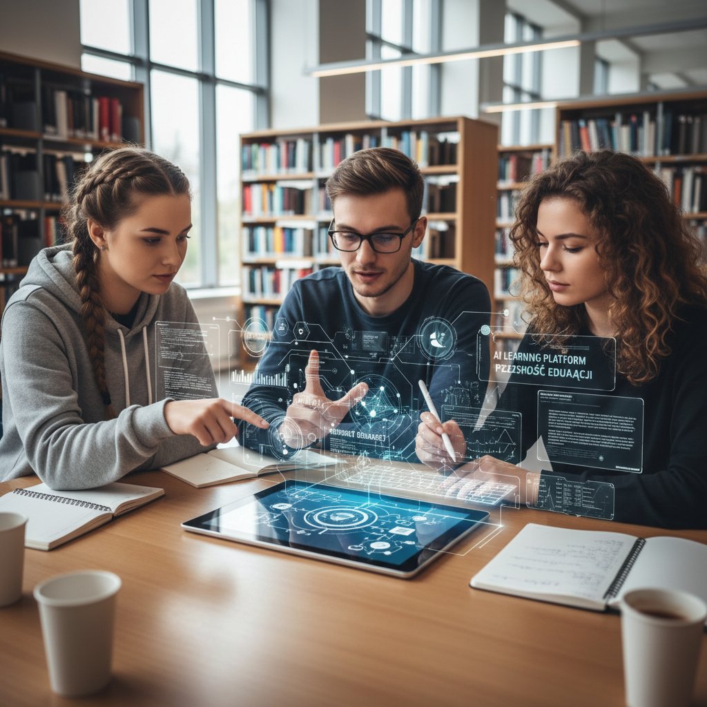 Grupa polskich uczniów korzystających z tabletu w pracy nad zadaniem