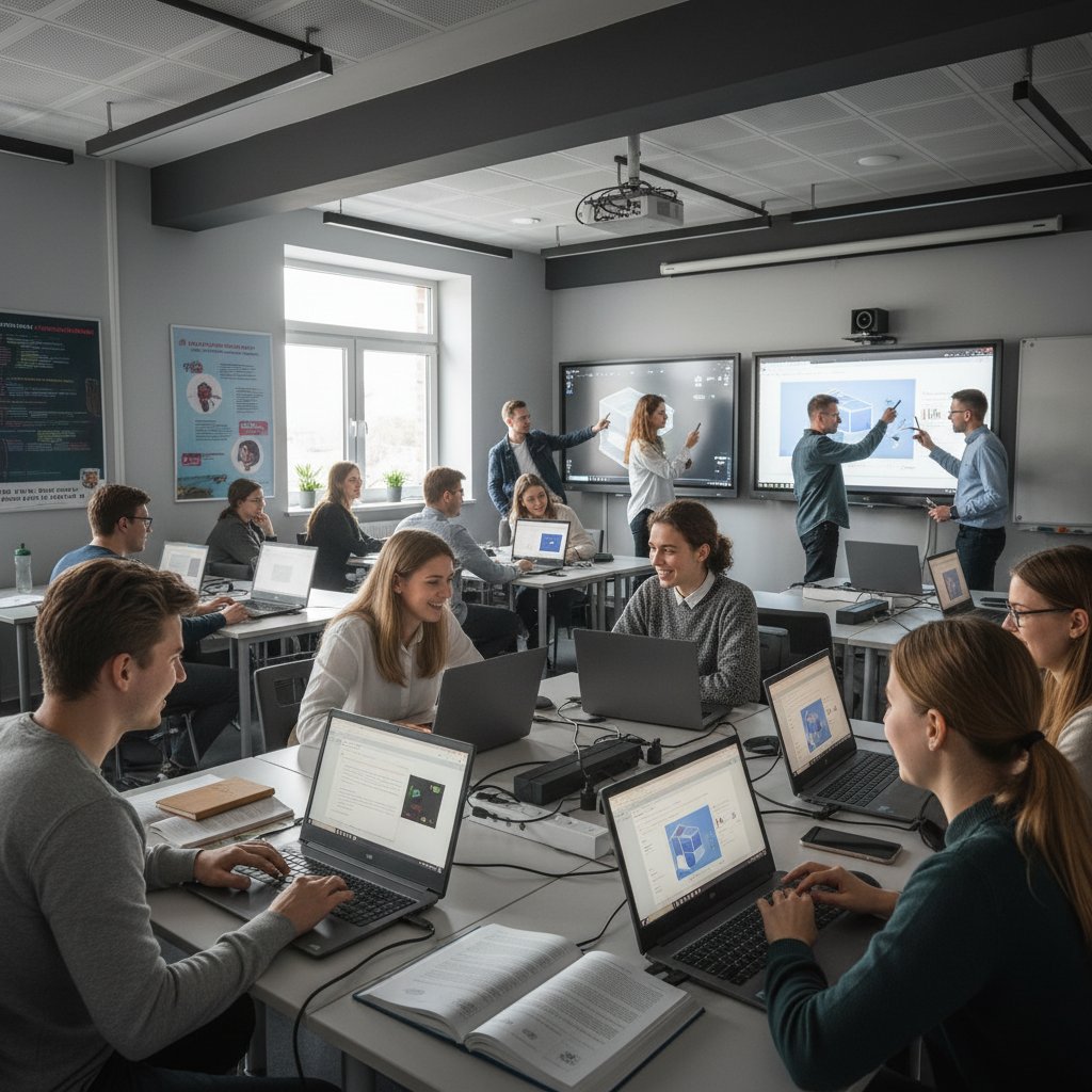 Grupa uczniów korzysta z tabletów i laptopów na tle szkolnej sali, nowoczesne technologie i interaktywne ekrany na ścianie