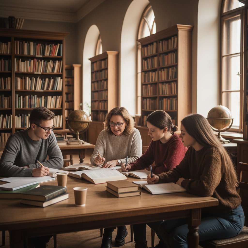 Grupa uczniów przy stole, nauczyciel wskazuje na notatki — tradycyjne korepetycje