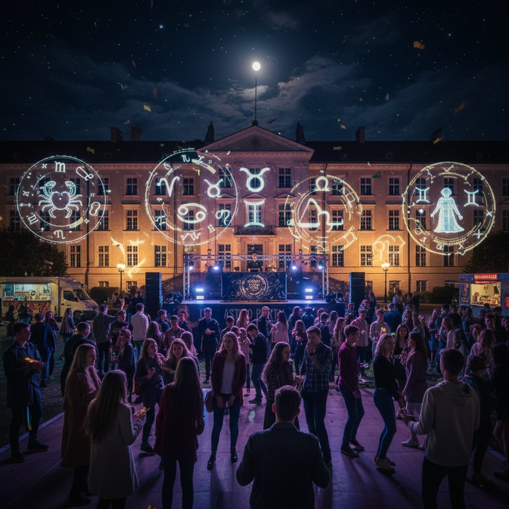 Studenci podczas nocnej imprezy na kampusie, wyraźne symbole zodiaku i młodzieżowy klimat