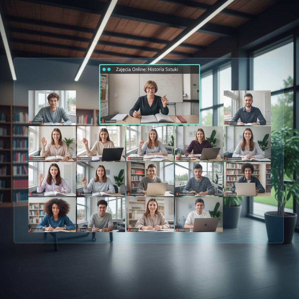 Różnorodna grupa polskich uczniów podczas lekcji online w wirtualnej klasie