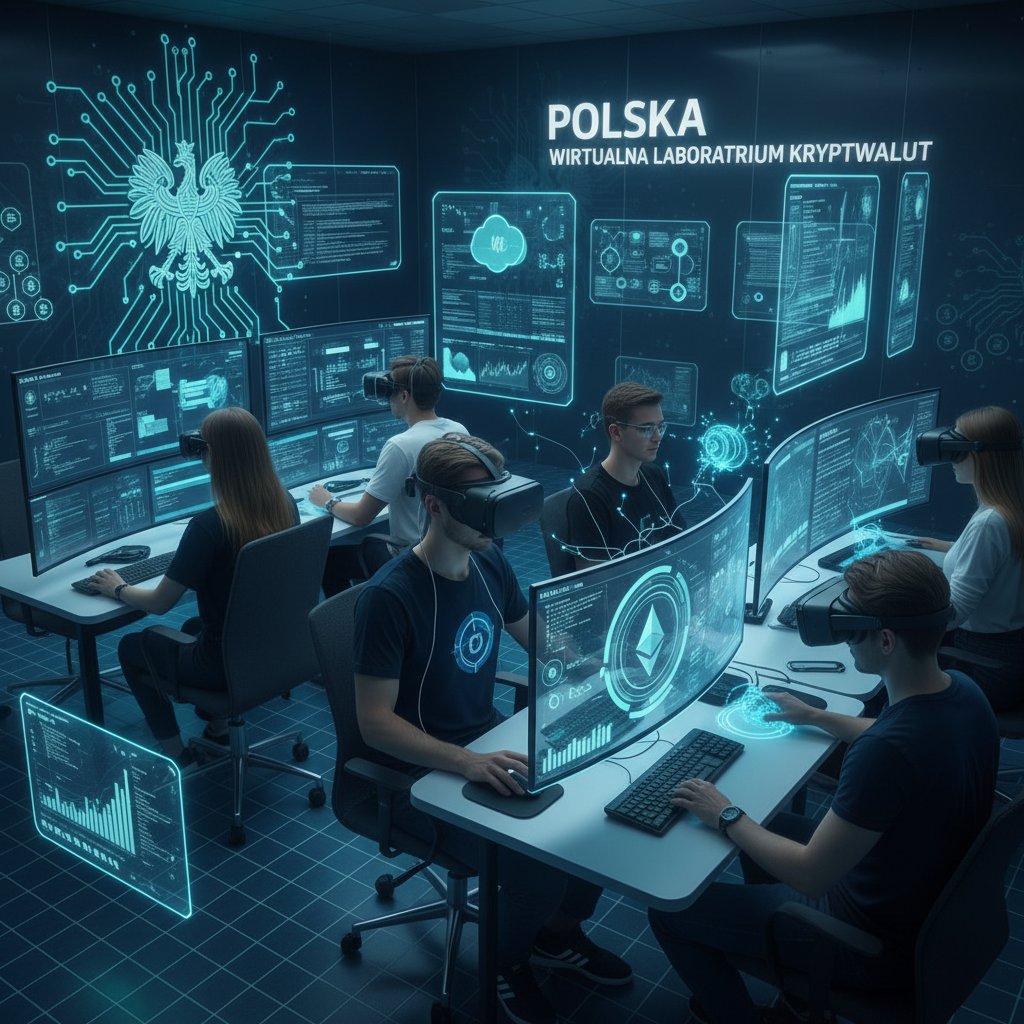 Grupa studentów z Polski korzystająca z wirtualnego laboratorium do nauki kryptowalut, ekrany komputerów