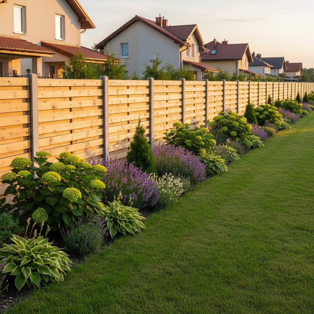 Szereg identycznych ogrodów na przedmieściach Polski, te same płoty, te same rośliny