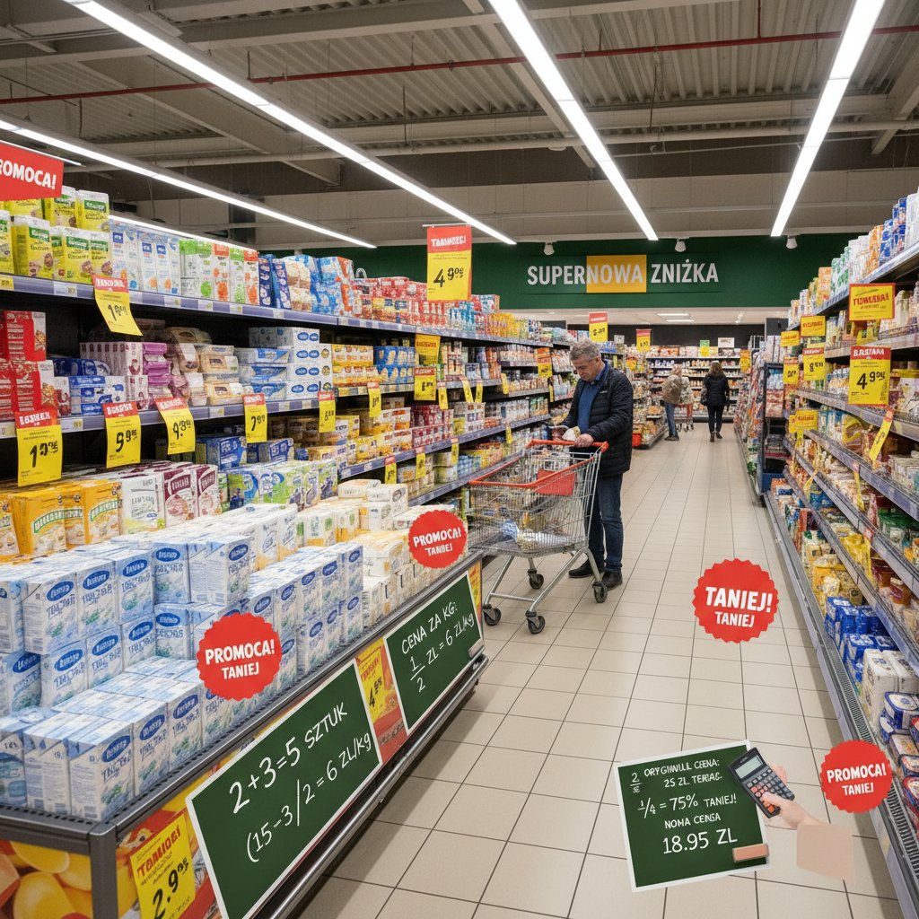 Półka sklepowa z etykietami promocji procentowej, procenty online korepetycje