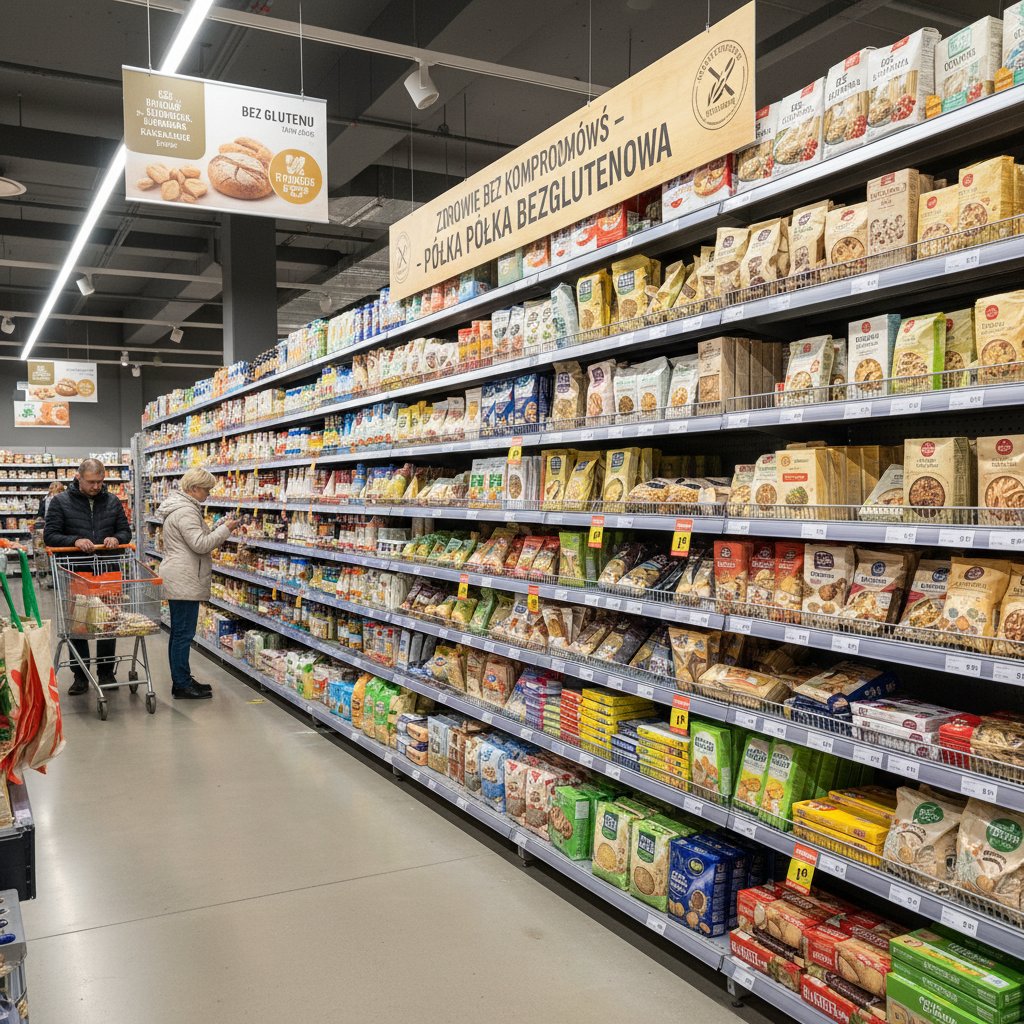 Półka z produktami bezglutenowymi w polskim supermarkecie, styl dokumentalny, zakupy dla celiaków