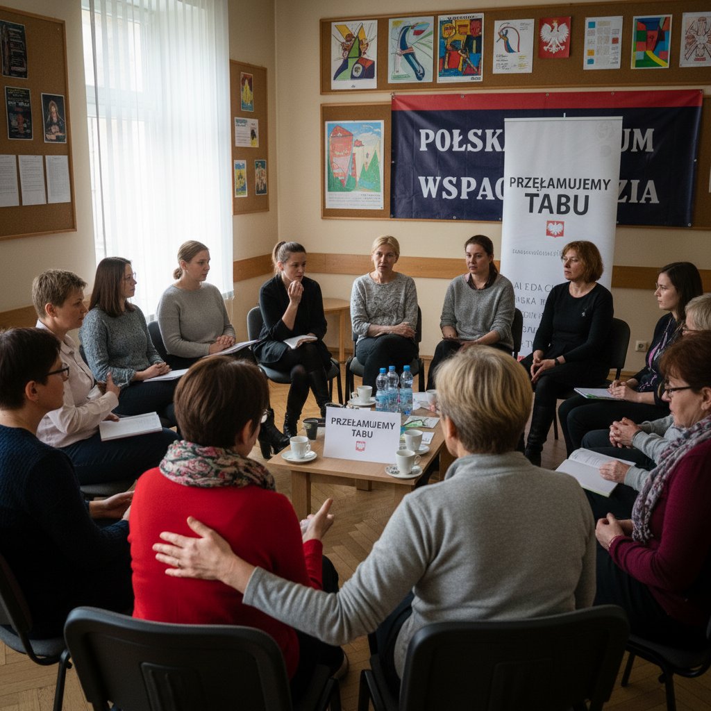 Polska grupa wsparcia, ludzie siedzą w kręgu, wspólna rozmowa, przełamywanie tabu