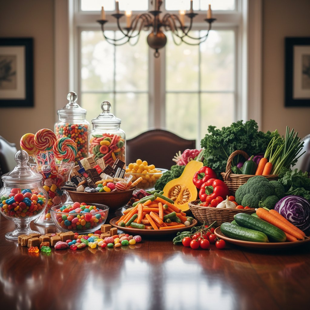 Polski stół z cukierkami i warzywami – kontrast pokusa zdrowie
