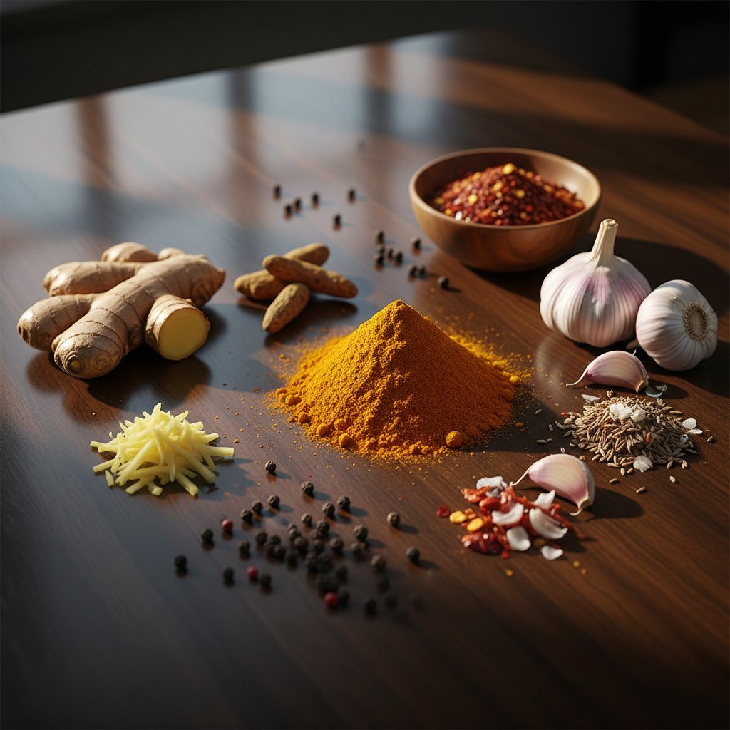 Zestaw przypraw na polskim stole: kurkuma, imbir, czosnek, pieprz