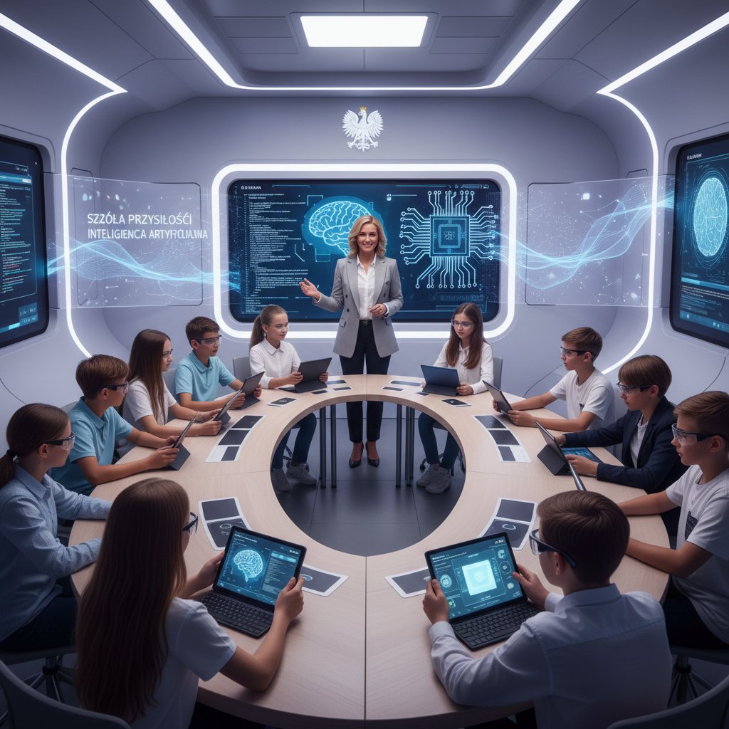 Polska nauczycielka korzystająca z AI na zajęciach, nowoczesna sala, dzieci z tabletami