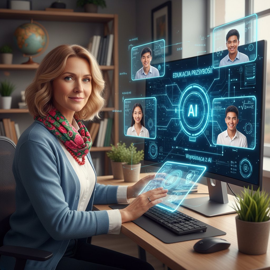 Polska nauczycielka i AI współpracujące podczas lekcji interpunkcji online