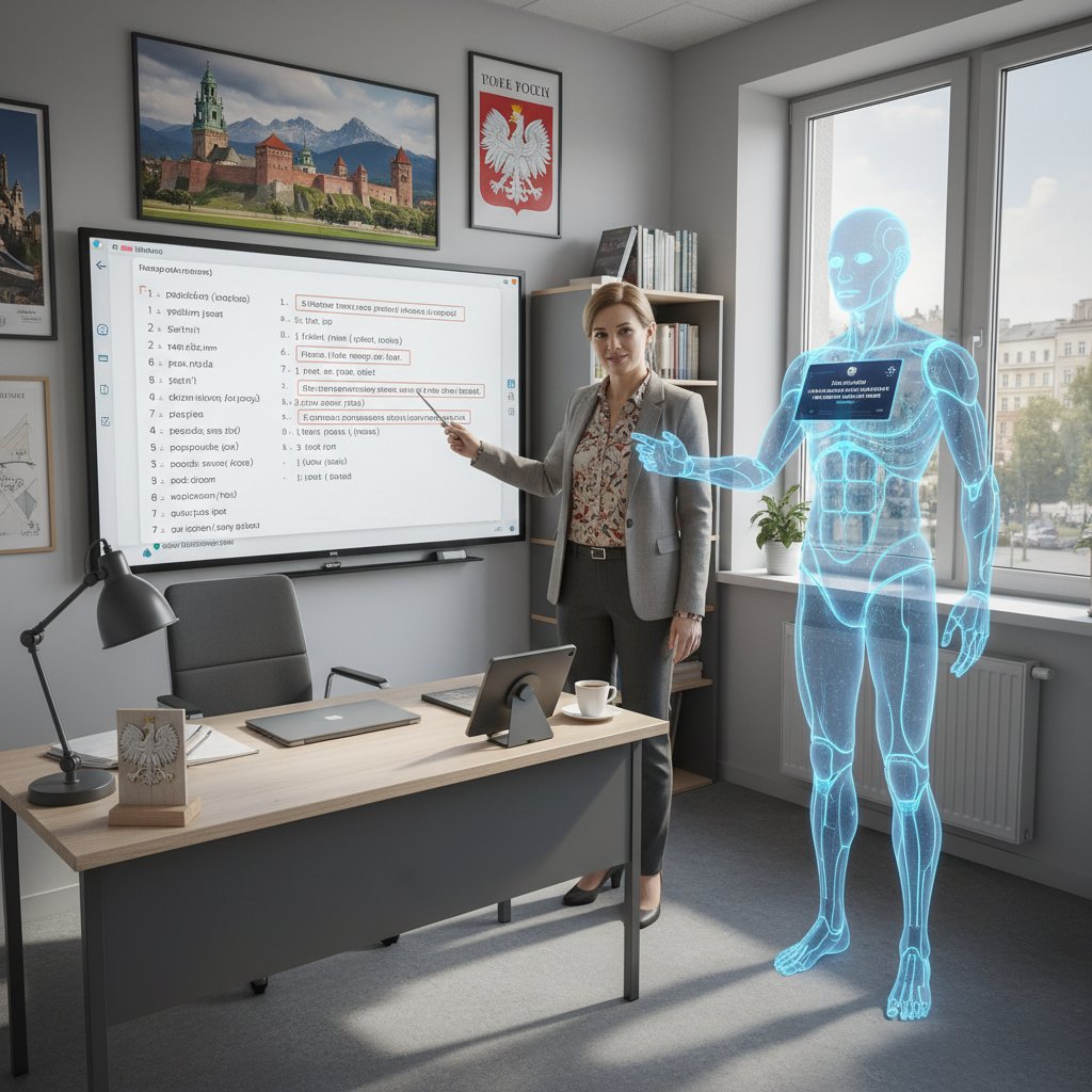 Polski nauczyciel rozmawiający z asystentem AI na tle klasy lub biura, podkreślając polską specyfikę