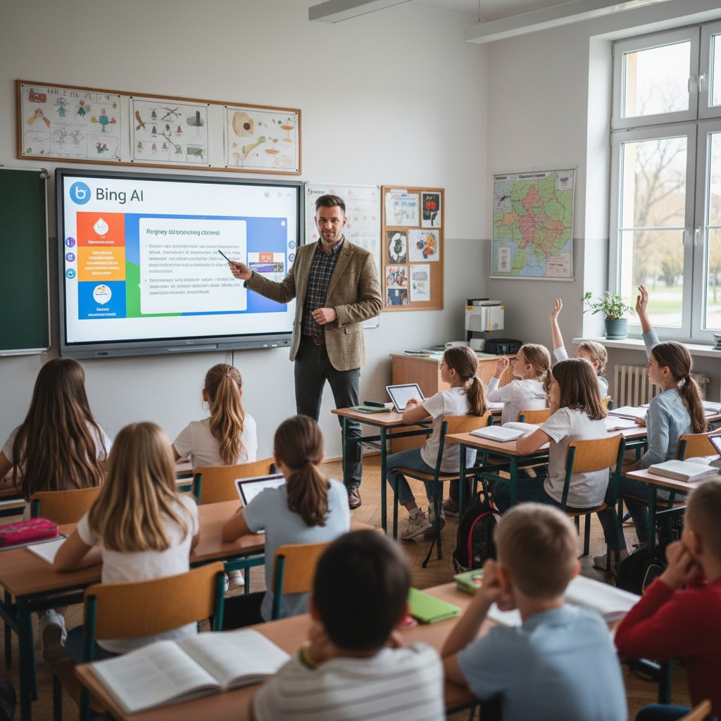 Nauczyciel korzysta z Bing AI podczas lekcji po polsku, uczniowie zaangażowani, tablica multimedialna