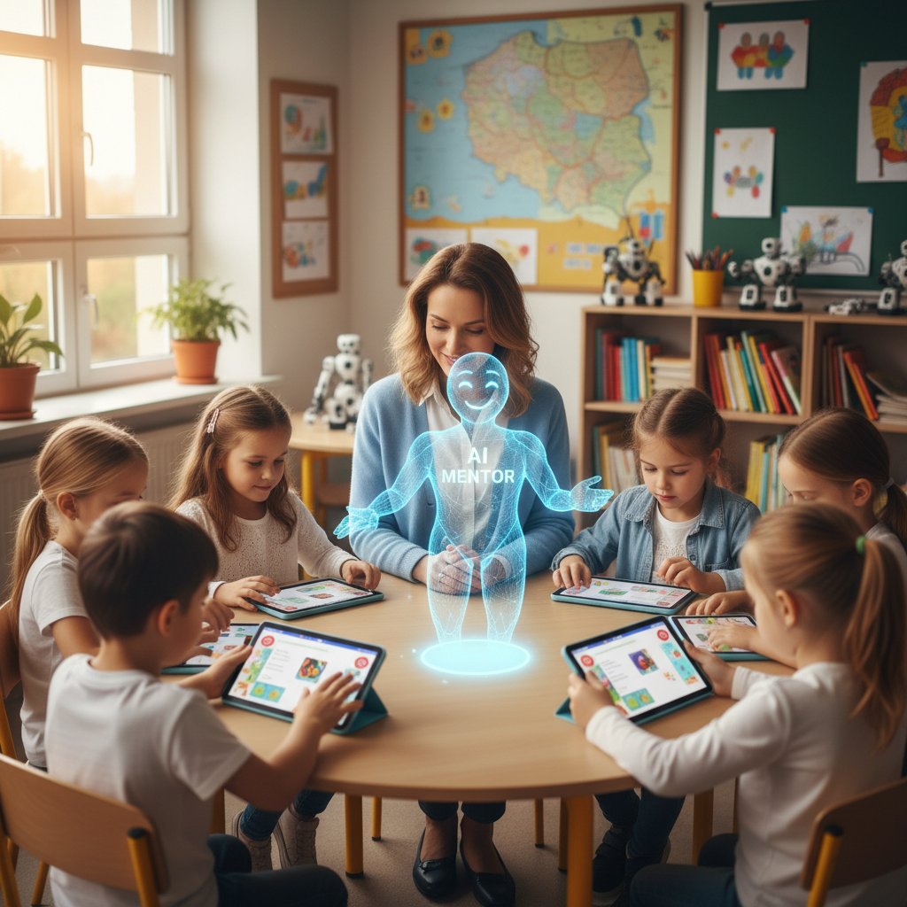 Polski nauczyciel testujący AI mentora z dziećmi w sali edukacyjnej