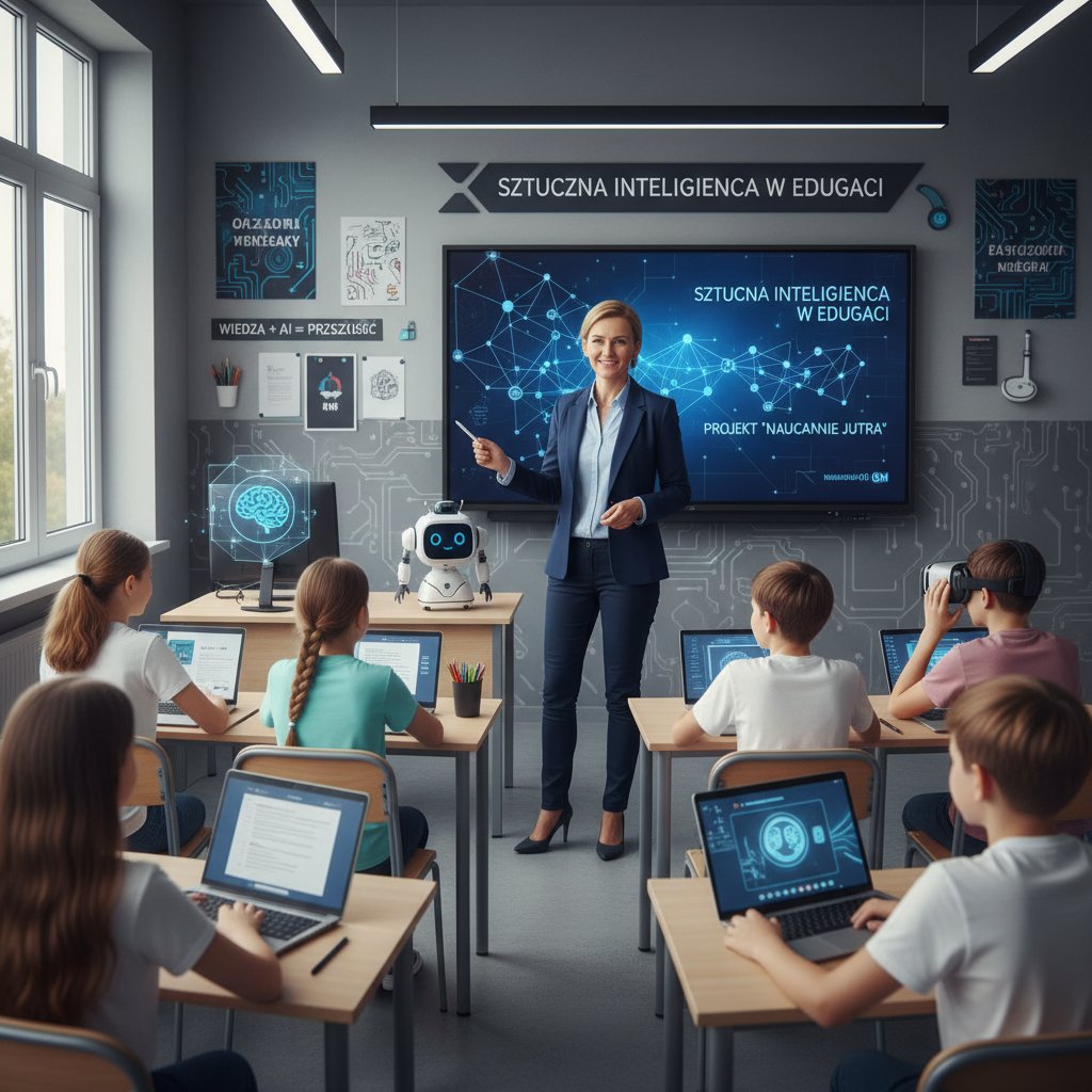 Polski nauczyciel korzystający z AI przy tablicy, uczniowie, nowoczesna klasa